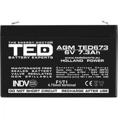 Acumulator AGM VRLA 6V 7.3Ah TED Electric - Etans, Compact, F1 - 8