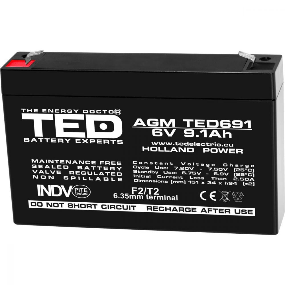 Acumulator AGM VRLA 6V 9.1Ah TED Electric - Fiabilitate, Durată Lungă - 1