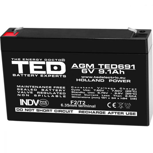 Acumulator AGM VRLA 6V 9.1Ah TED Electric - Fiabilitate, Durată Lungă - 1