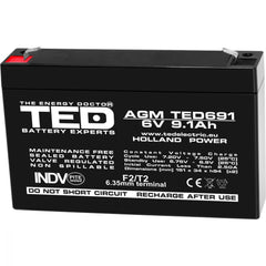 Acumulator AGM VRLA 6V 9.1Ah TED Electric - Fiabilitate, Durată Lungă - 1