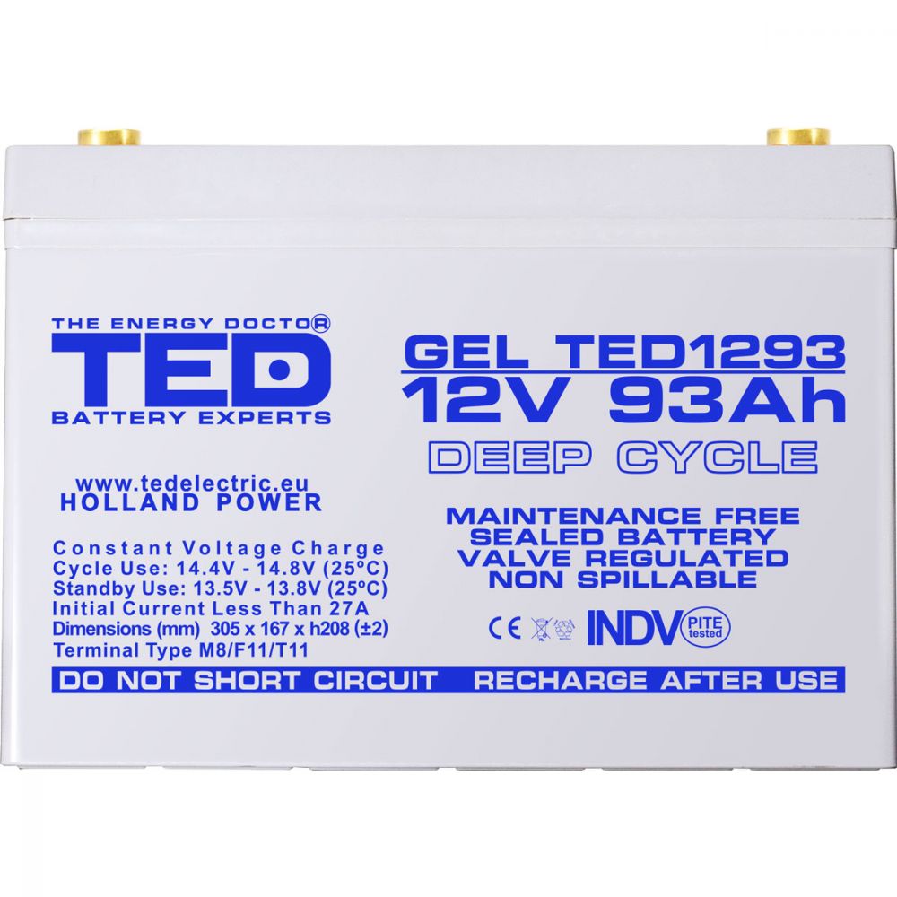 Acumulator AGM VRLA GEL 12V 93Ah TED Electric - Deep Cycle, F12 M8 - 8