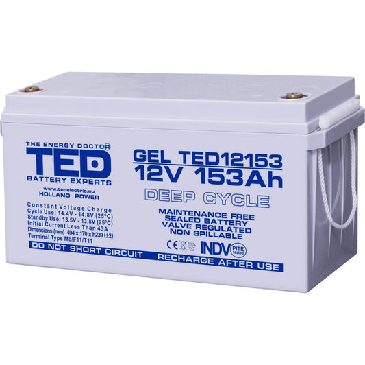 Acumulator GEL 12V 153Ah Deep Cycle TED Electric - Durată Lungă de Viață - 1