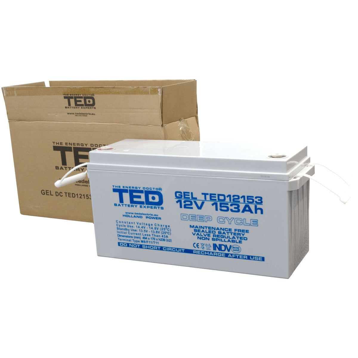Acumulator GEL 12V 153Ah Deep Cycle TED Electric - Durată Lungă de Viață - 6