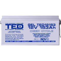 Acumulator GEL 12V 153Ah Deep Cycle TED Electric - Durată Lungă de Viață - 8
