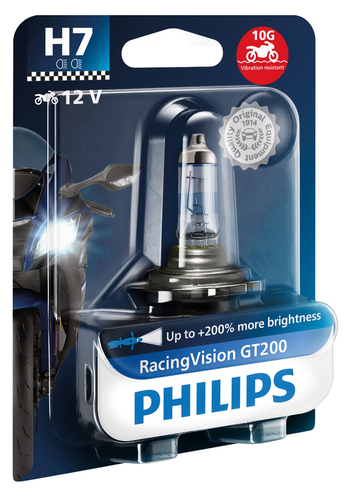 Bec Moto RacingVision GT200 H7 Philips - Până la 200% Mai Multă Lumină