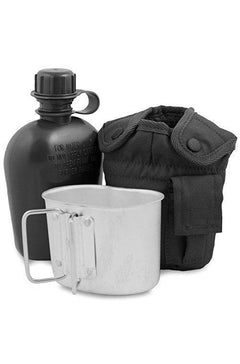Bidon Mil-Tec US 900 ml cu Husă și Gamelă – Polietilenă, Negru