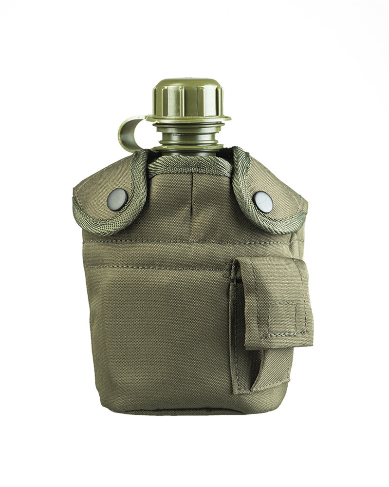 Bidon Mil-Tec US 900 ml cu Husă și Gamelă – bidon în husă cu clapete capsate și buzunar lateral, imagine oficială