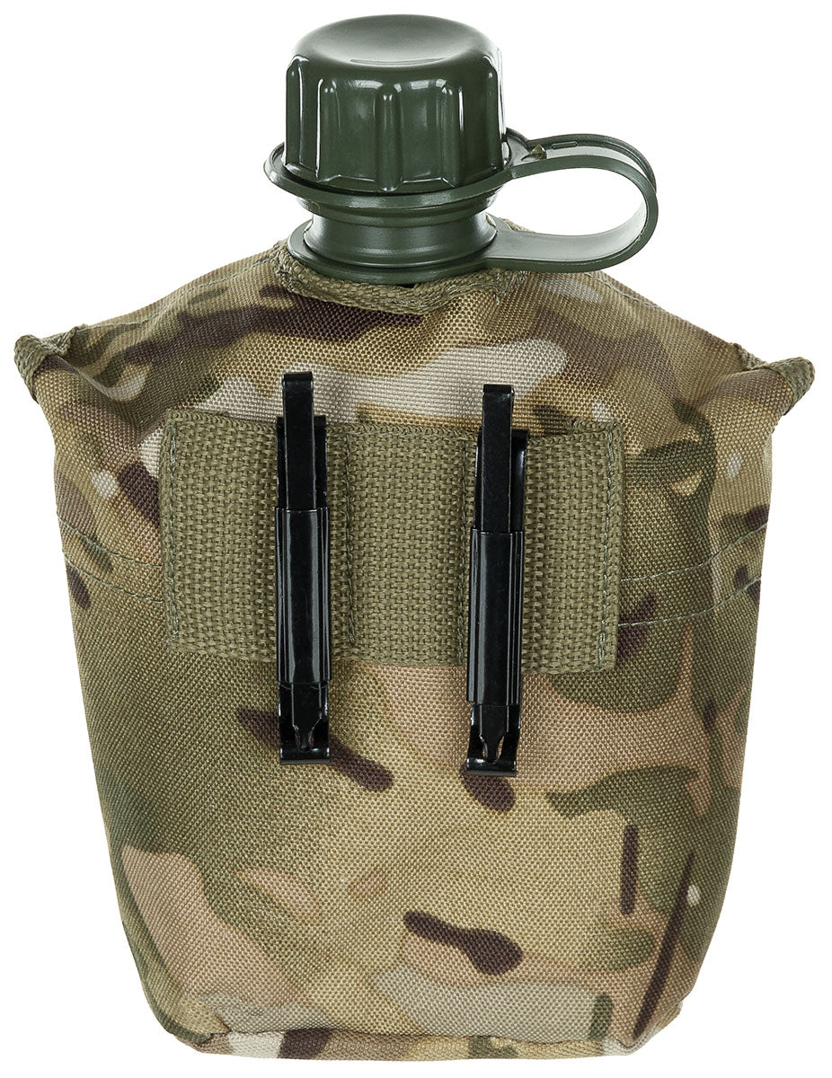 Bidon Ploscă Câmp US 1L Operation Camo MFH - Husă căptușită, 2 cleme prindere