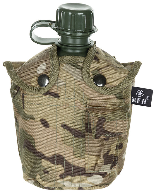 Bidon Ploscă Câmp US 1L Operation Camo MFH - Husă căptușită, 2 cleme prindere