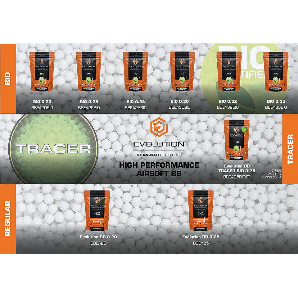 Bile Airsoft Evolution 0,25g Bio White TRACER - Precizie și Impact Verde