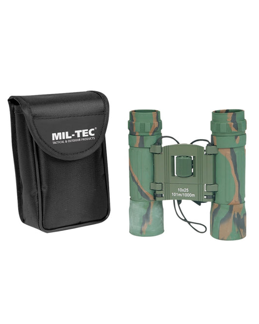 Binoclu Pliabil Mil-Tec Camo 10x25 – Dioptrie Reglabilă, Husă, Woodland