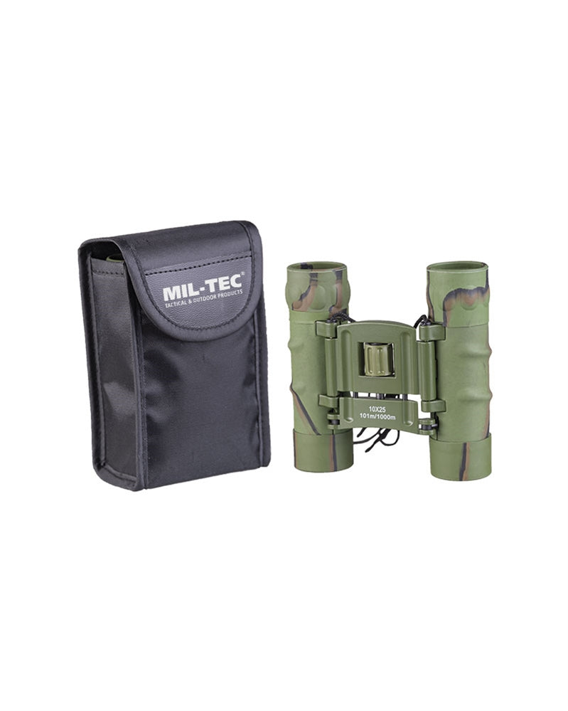 Binoclu Pliabil Mil-Tec Gen.II 10x25 – binoclu camuflaj pliabil și husa neagră, vedere frontală