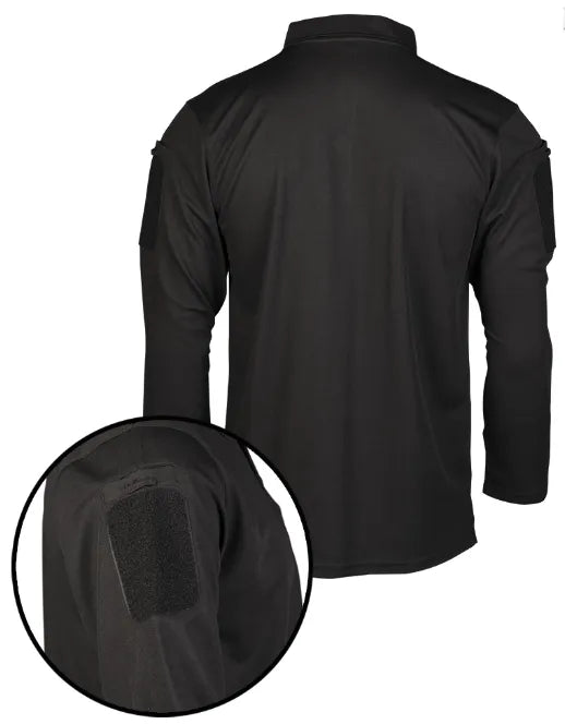Bluză Polo Tactică Mil-Tec Quick Dry cu Mânecă Lungă – vedere din spate, cu detaliu panou velcro pe umăr
