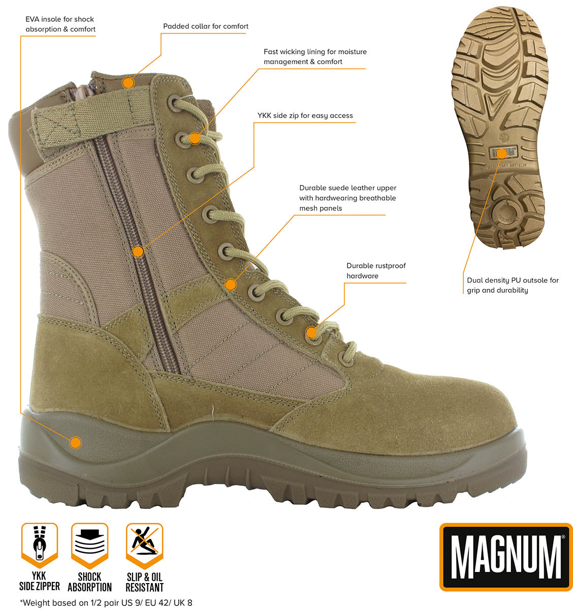 Bocanci Tactici Centurion 8.0 SZ Coyote Magnum - Ușori, Fermoar YKK