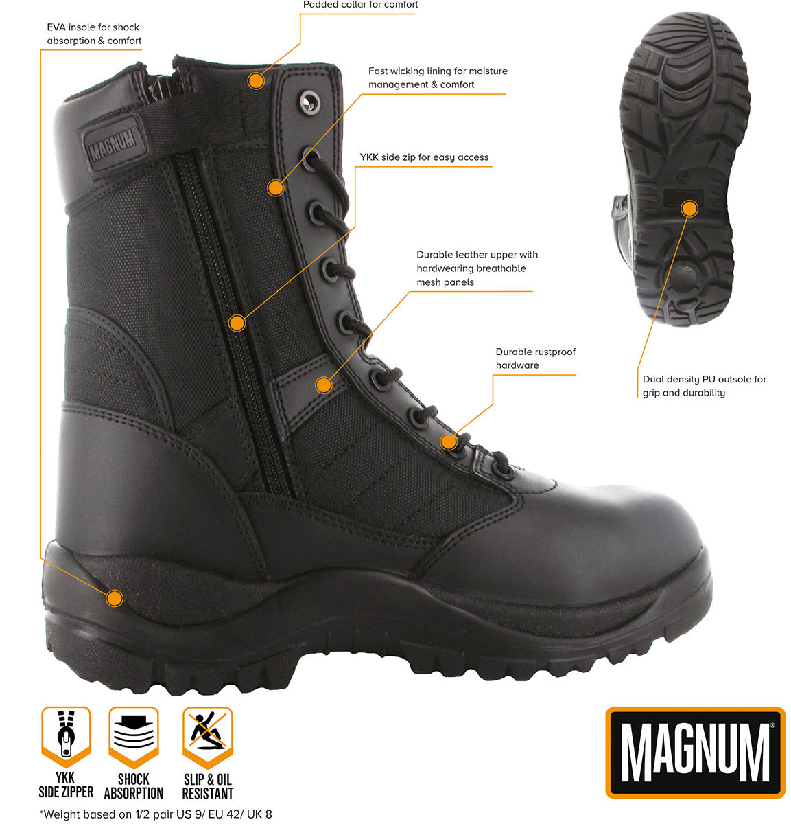 Bocanci Tactici Centurion 8.0 SZ Negru Magnum - Ușori, Talpă antiderapantă