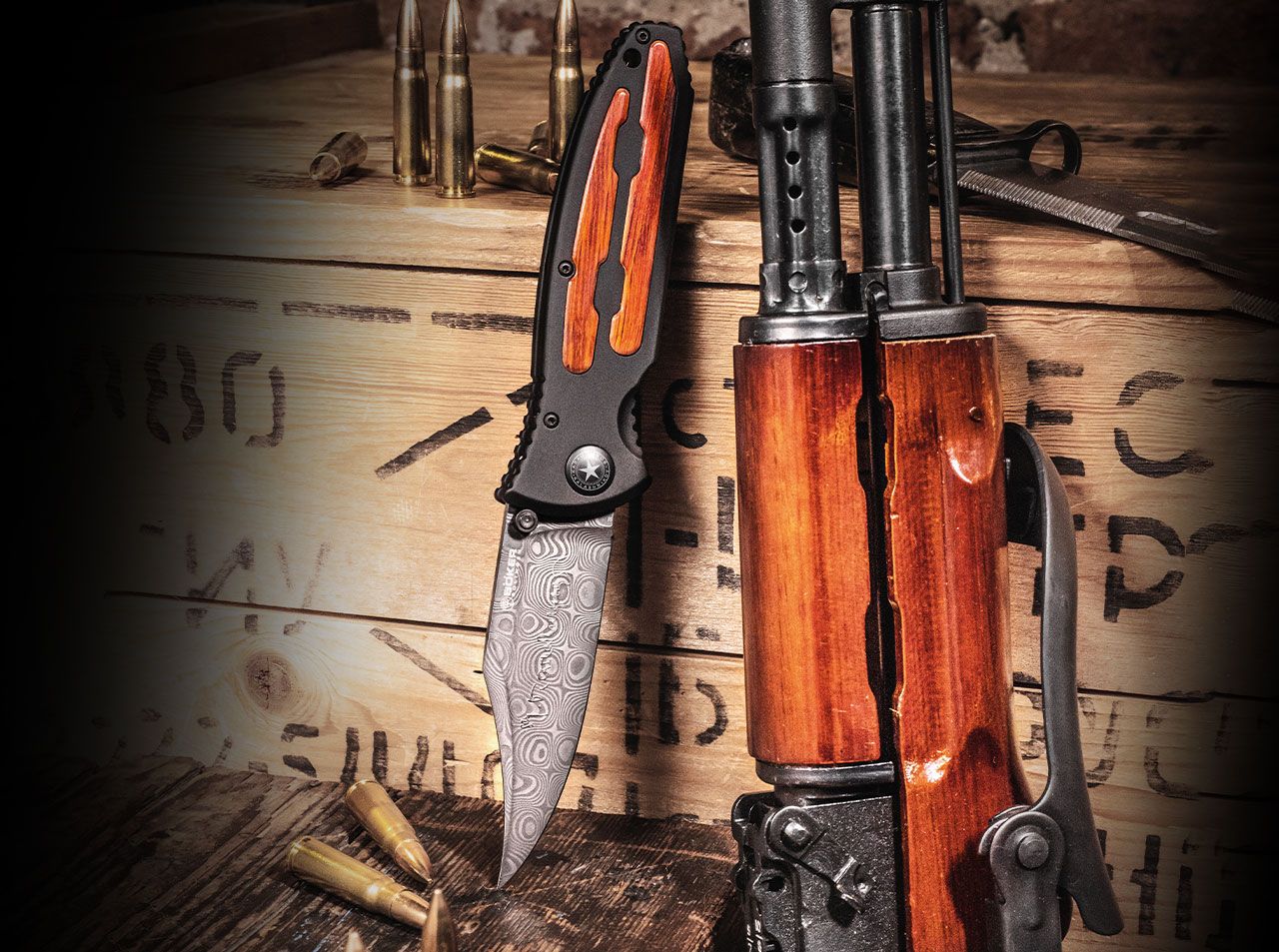 Briceag Böker Kalashnikov Bayonet Damascus- Lamă Damasc, Mânere Lemn Corn