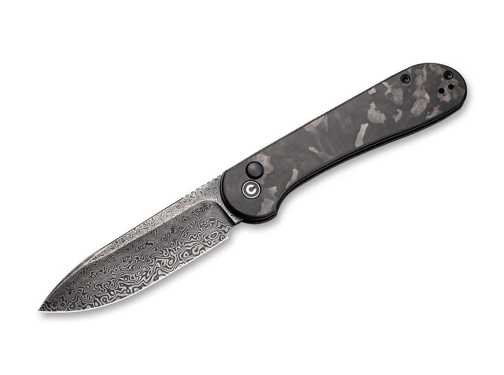 Briceag Button Lock Elementum Damascus CF CIVIVI- Lama Damasc, Maner Fibra Carbon