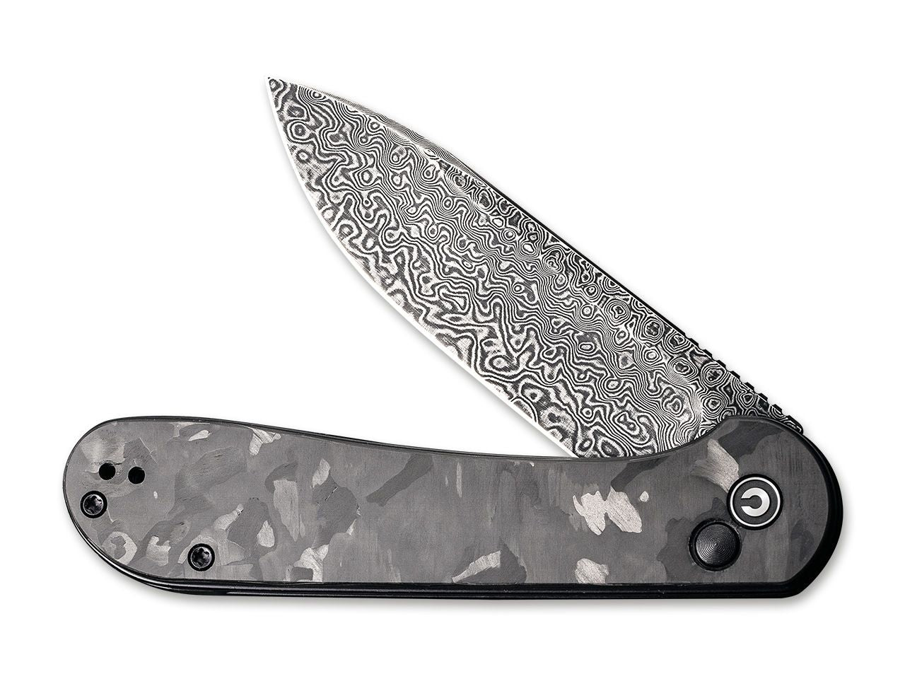 Briceag Button Lock Elementum Damascus CF CIVIVI- Lama Damasc, Maner Fibra Carbon