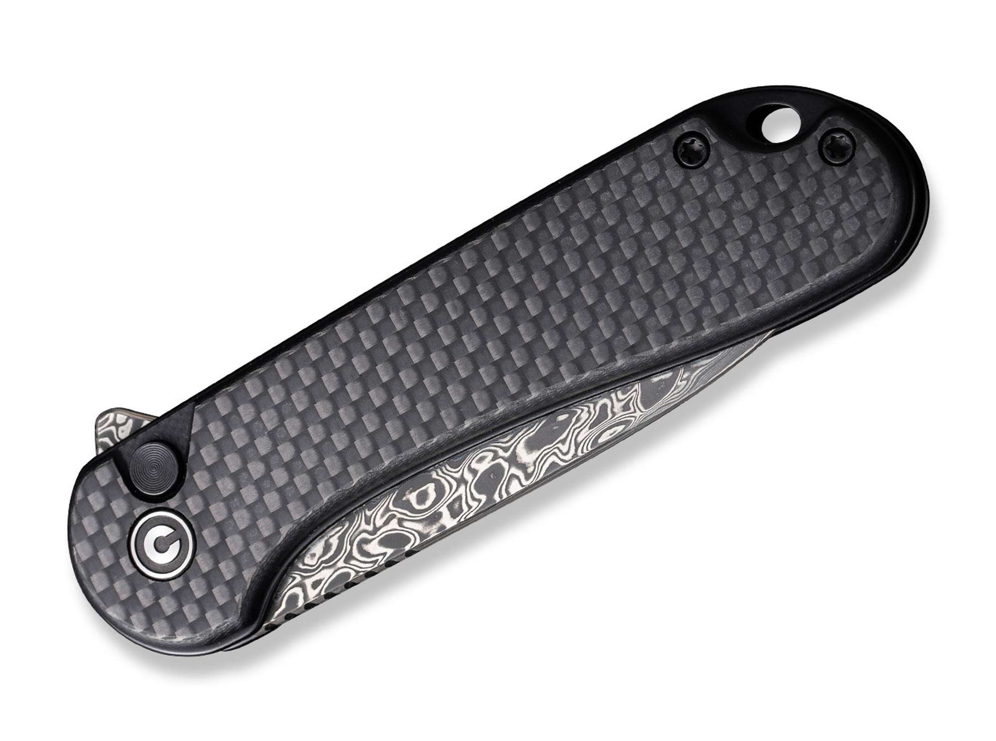 Briceag Button Lock Elementum II CF Damascus CIVIVI- Lama Damasc, Mecanism Button Lock