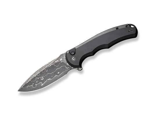 Briceag Button Lock Praxis Aluminum Black Damascus CIVIVI- Lama Damasc, Button Lock