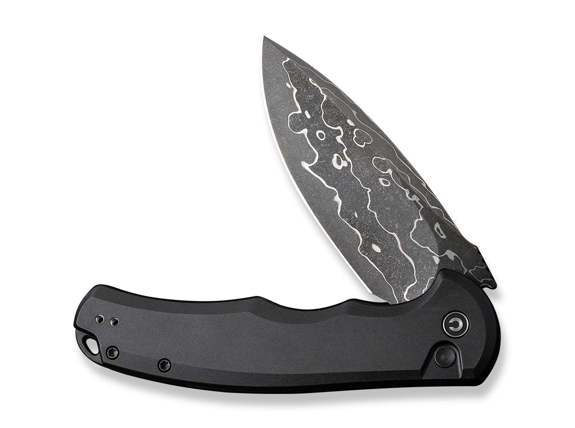 Briceag Button Lock Praxis Aluminum Black Damascus CIVIVI- Lama Damasc, Button Lock