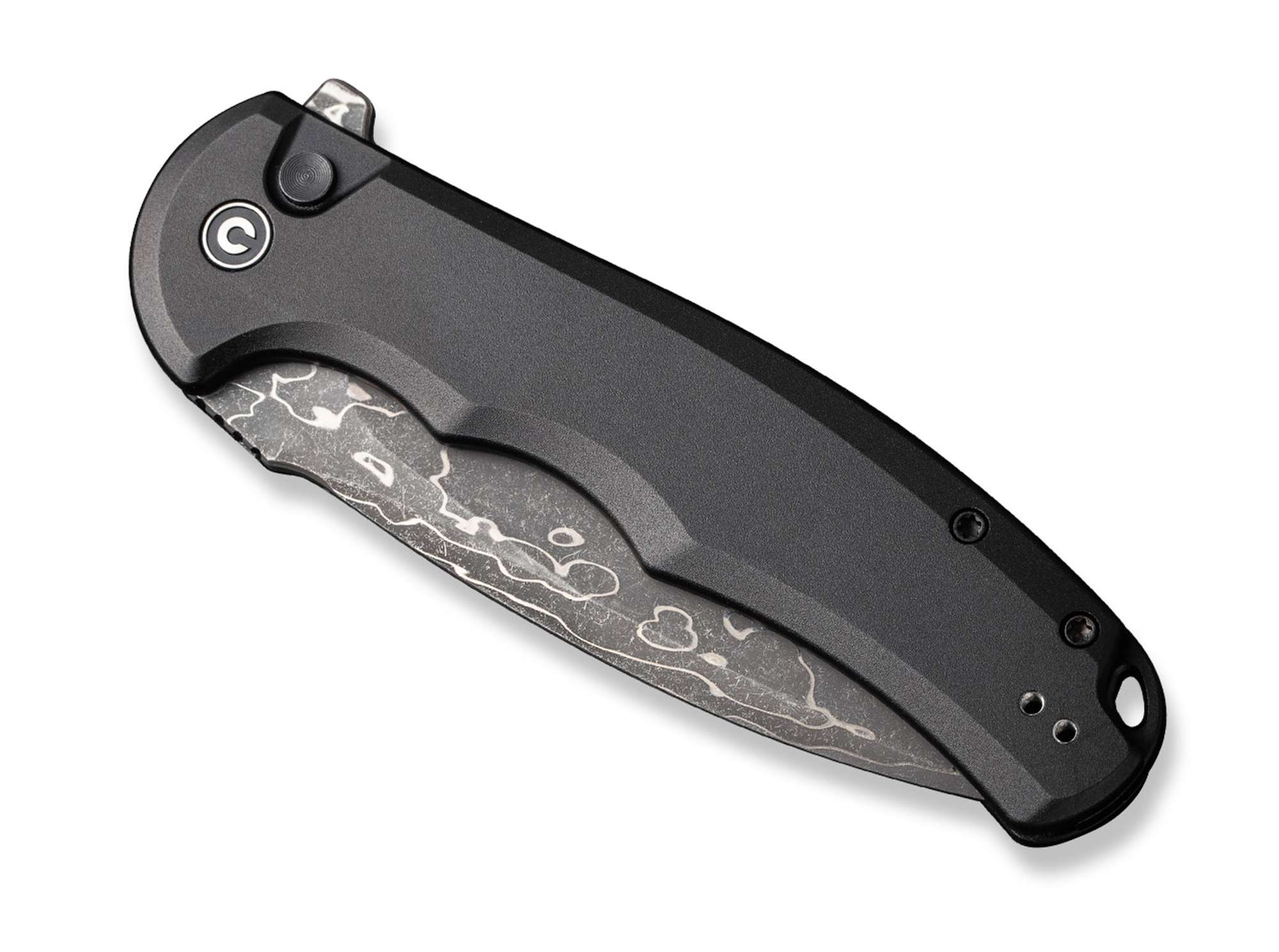 Briceag Button Lock Praxis Aluminum Black Damascus CIVIVI- Lama Damasc, Button Lock