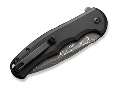 Briceag Button Lock Praxis Aluminum Black Damascus CIVIVI- Lama Damasc, Button Lock