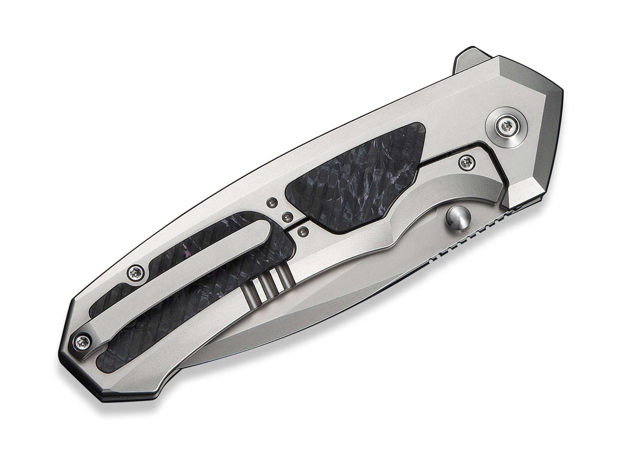 Briceag Corwyn M390 Gray Ti Black & Pink CF WE Knife- Lama M390, Deschidere Fluida