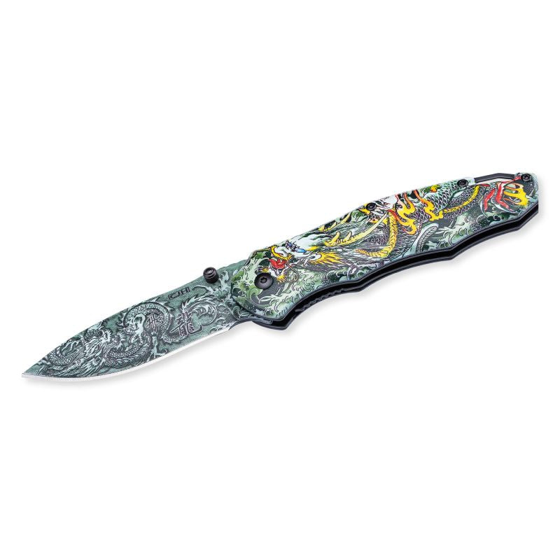 Briceag Einhandmesser Drache CJH - Oțel 420, Mâner Aluminiu Imprimat