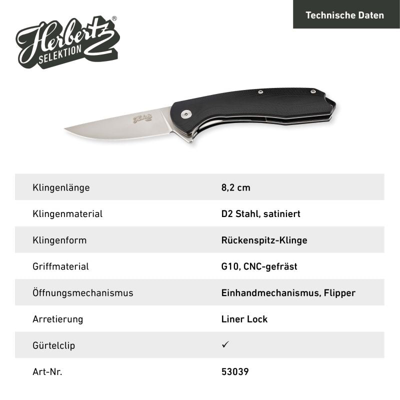 Briceag Einhandmesser G10 Negru Herbertz Selektion - Oțel D2, Linerlock