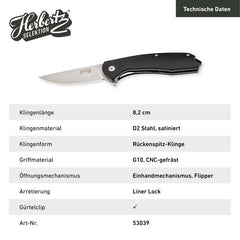 Briceag Einhandmesser G10 Negru Herbertz Selektion - Oțel D2, Linerlock