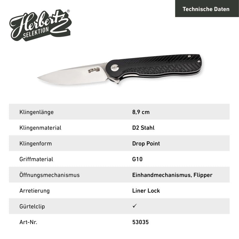 Briceag Einhandmesser Negru Herbertz Selektion - Oțel D2, Linerlock, G10