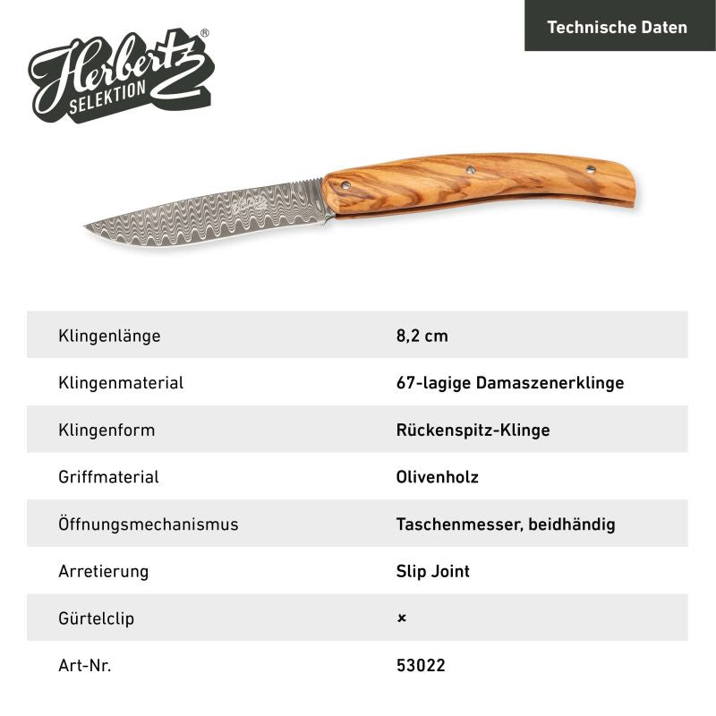 Briceag Herbertz Selektion Taschenmesser - Damasc, Mâner Olivenholz, Slipjoint