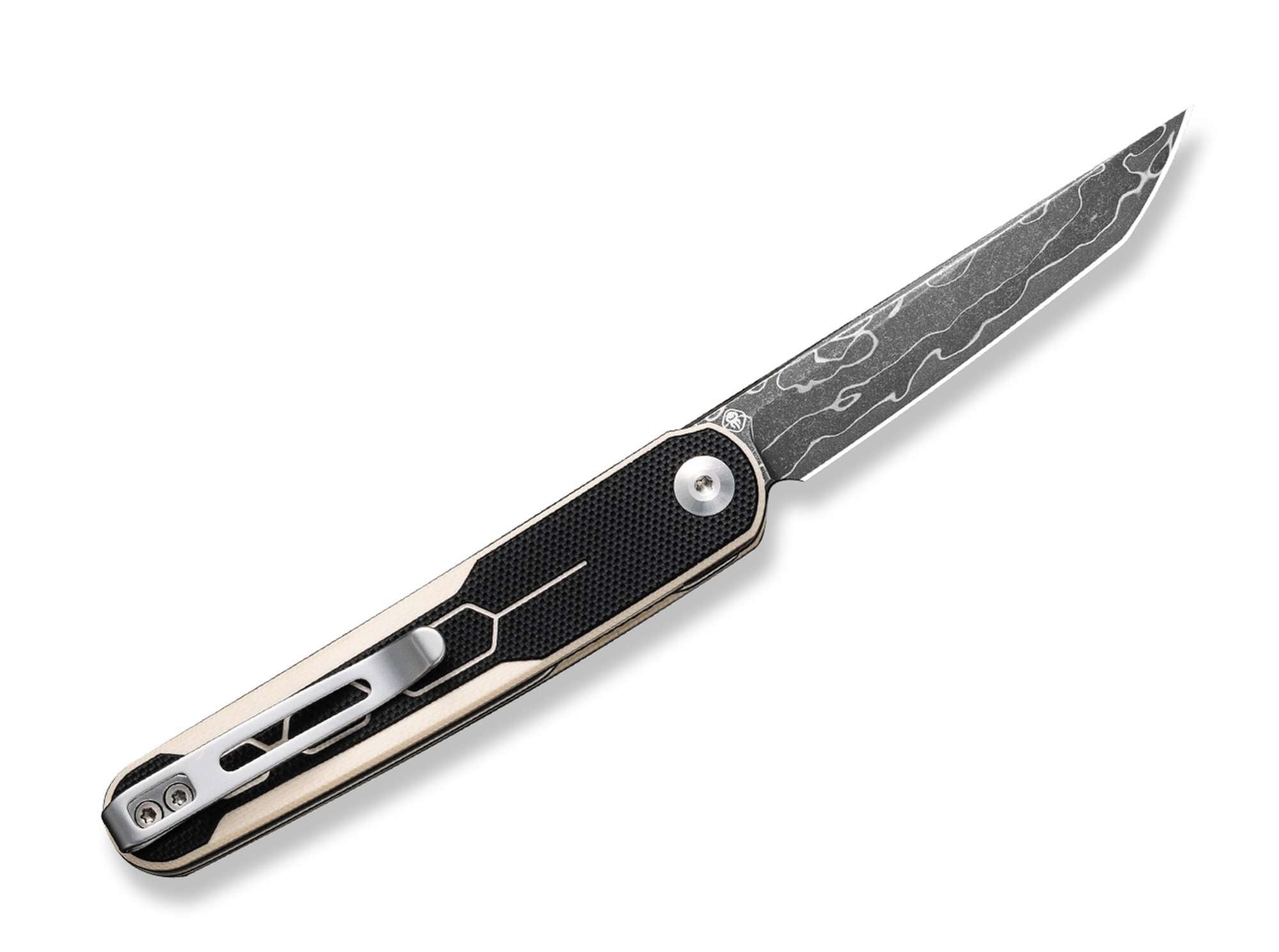 Briceag KwaiQ Milled G10 Ivory & Black Damascus CIVIVI- Lama Damasc, Maner G10