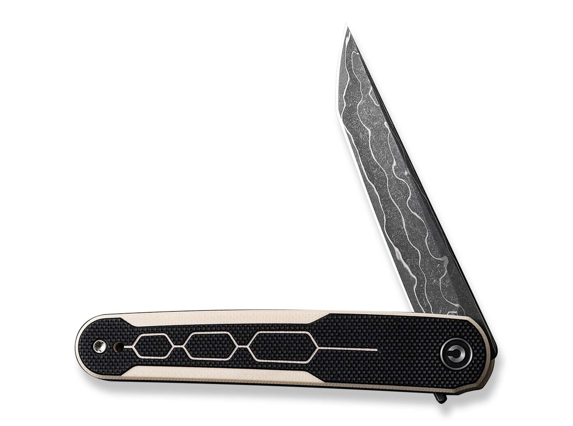 Briceag KwaiQ Milled G10 Ivory & Black Damascus CIVIVI- Lama Damasc, Maner G10