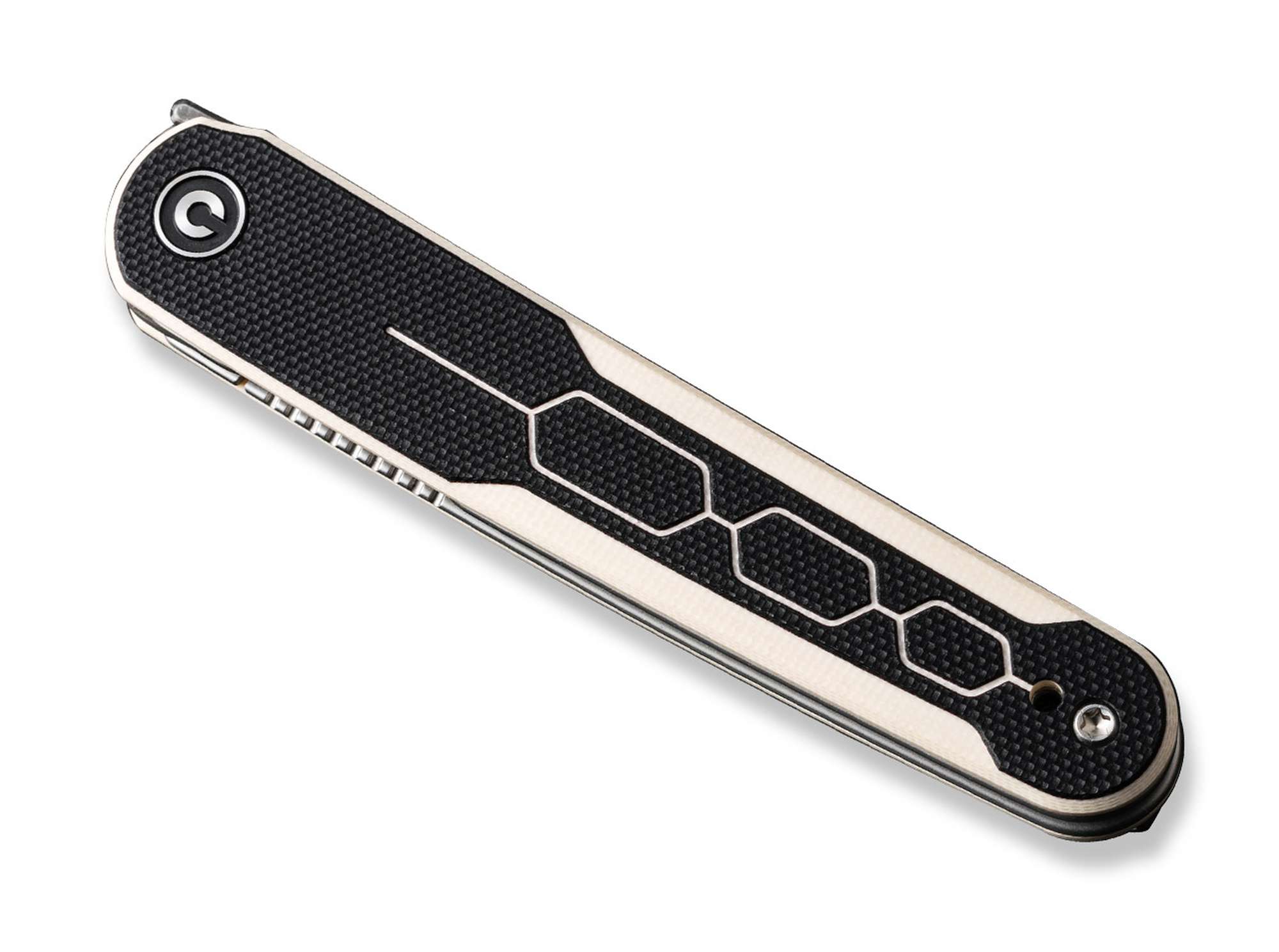 Briceag KwaiQ Milled G10 Ivory & Black Damascus CIVIVI- Lama Damasc, Maner G10