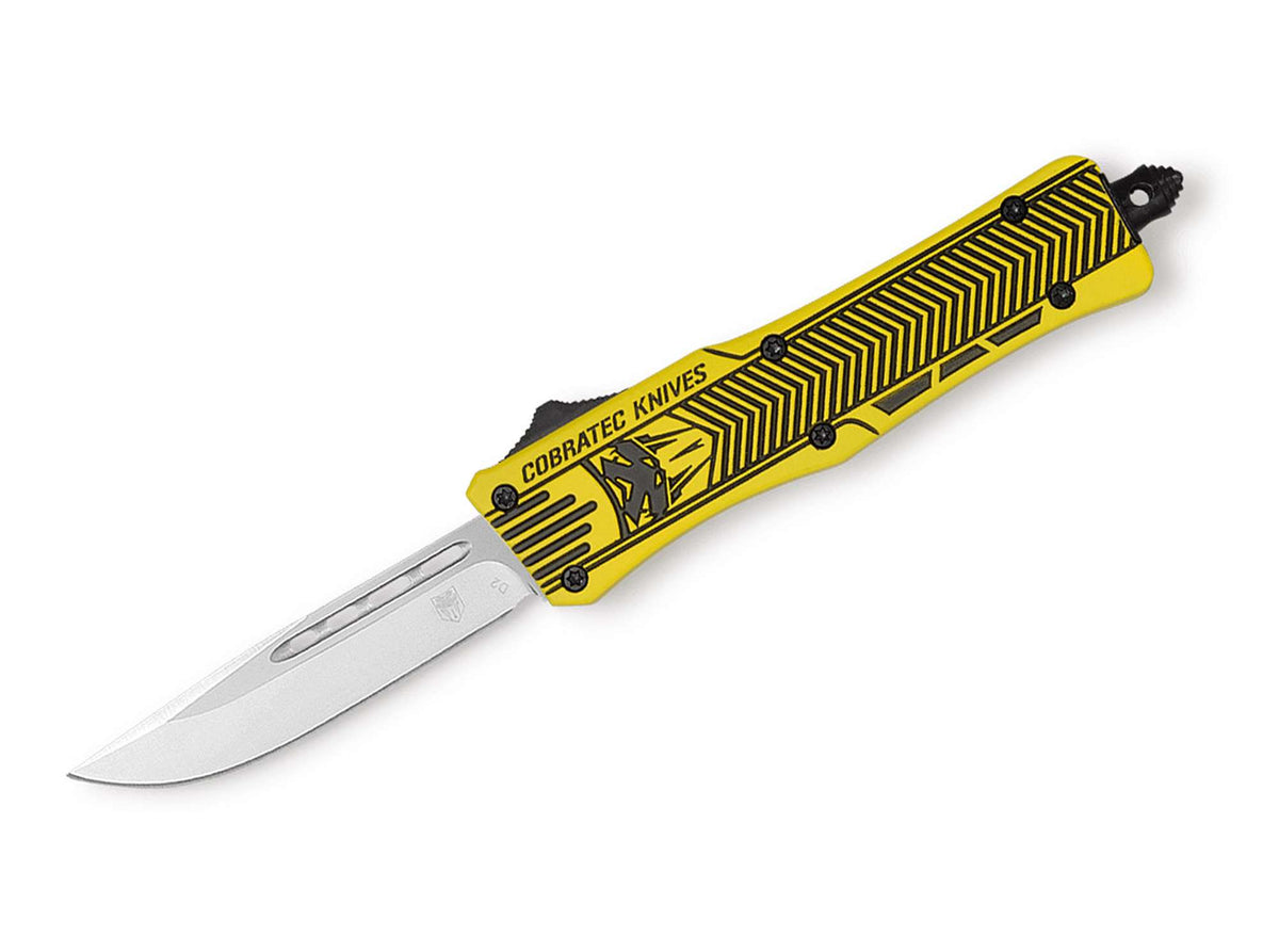 Briceag Medium Yellow Graphite Black CTK-1 Drop CobraTec- Lamă Drop Point D2, Mecanism OTF Rapid