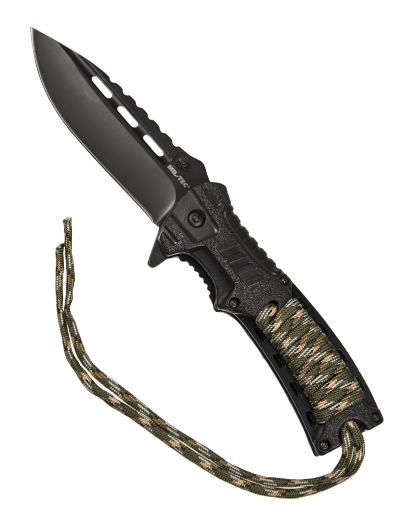 Briceag Mil-Tec Paracord Fire Starter – Lamă 10 cm, Oțel 3Cr13, Camo