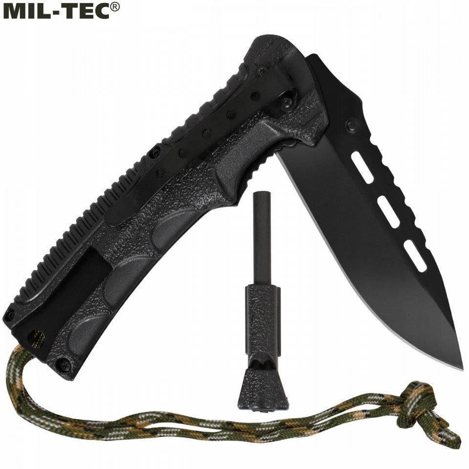 Briceag Mil-Tec Paracord Fire Starter – deschis, cu amnarul scos și paracordul