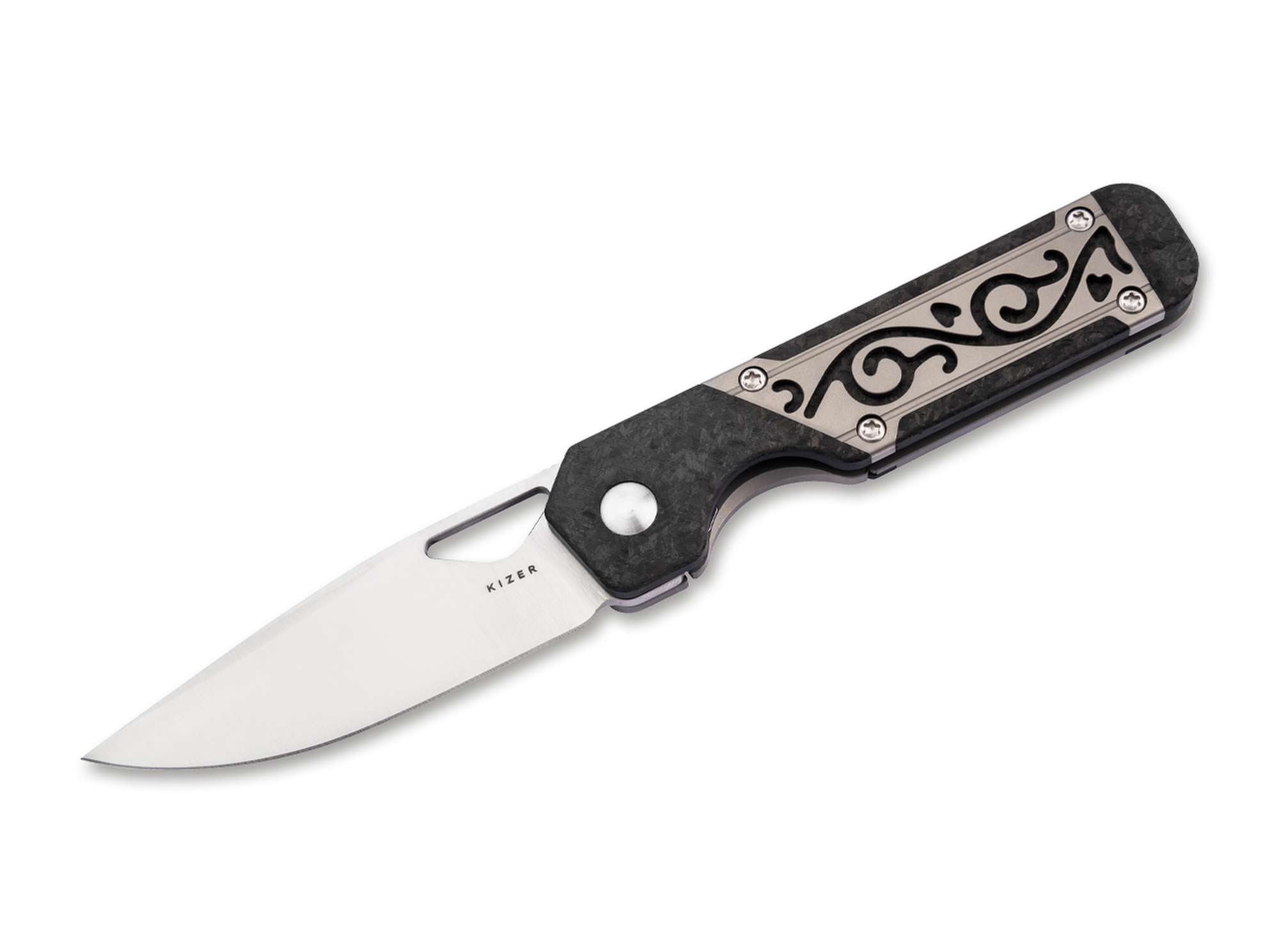 Briceag Mini Militaw Titanium CF Milled Vine Window Grille Kizer- Maner Titan-Carbon, Lama S45VN