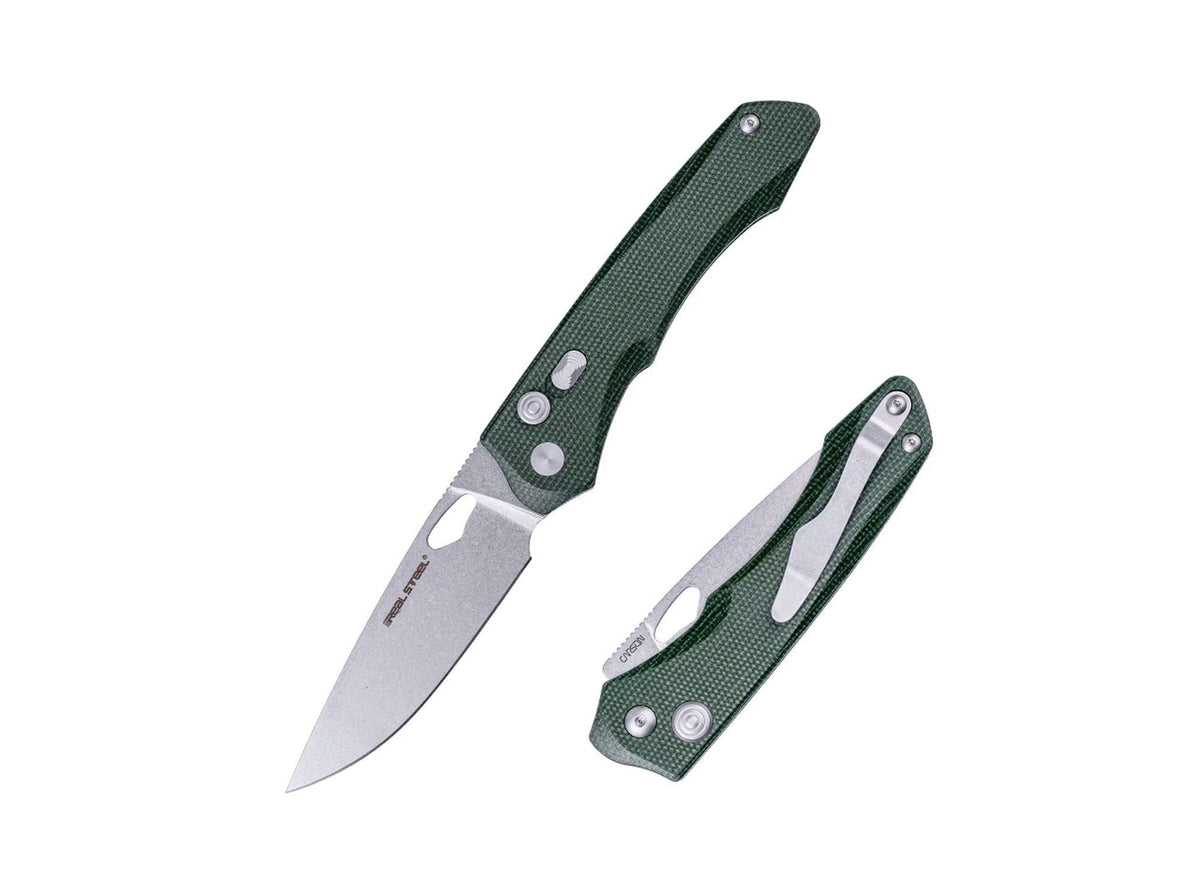 Briceag Real Steel Griffin Pro Micarta Green Stonewash – Cuțit EDC Robust, Modern și Elegant