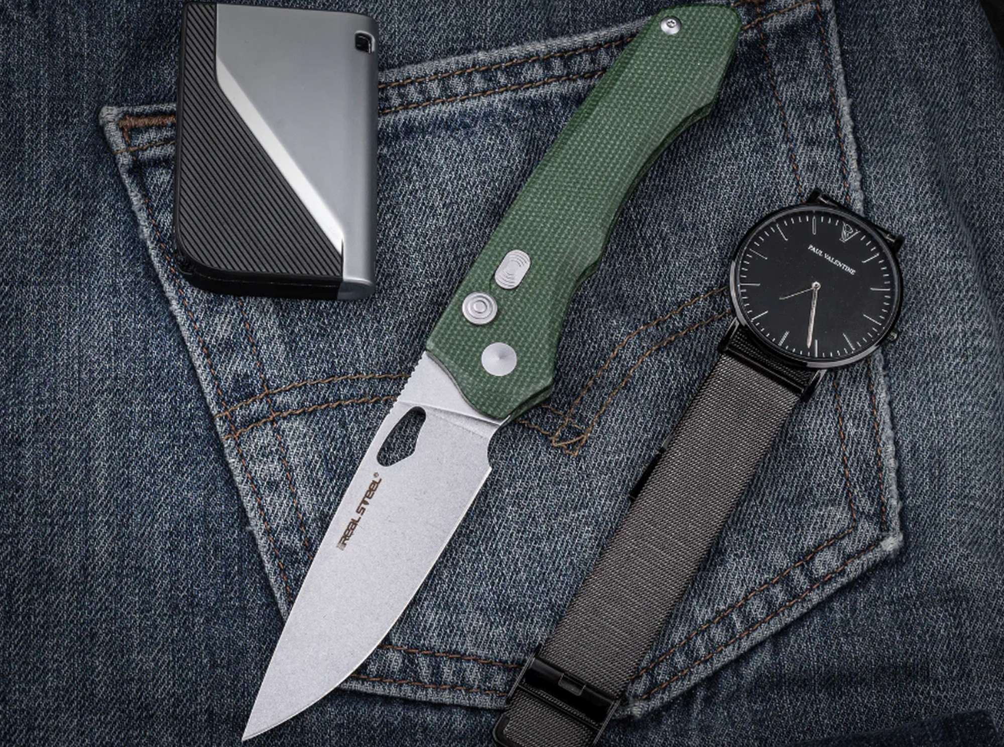 Briceag Real Steel Griffin Pro Micarta Green Stonewash – Cuțit EDC Robust, Modern și Elegant