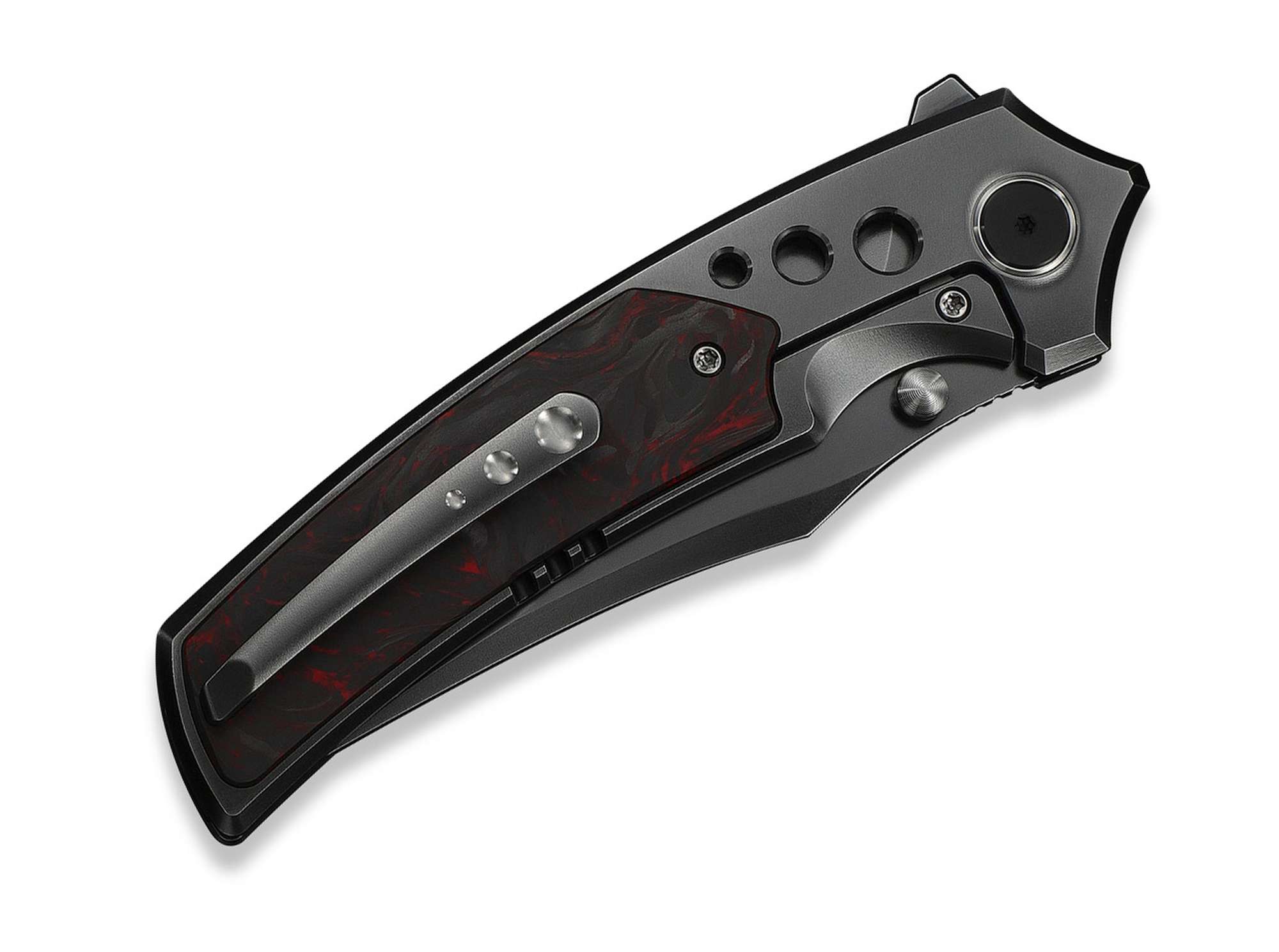 Briceag Skynix M390 Dark Gray Ti Black & Red CF WE Knife- Otel M390, Maner Ti/CF