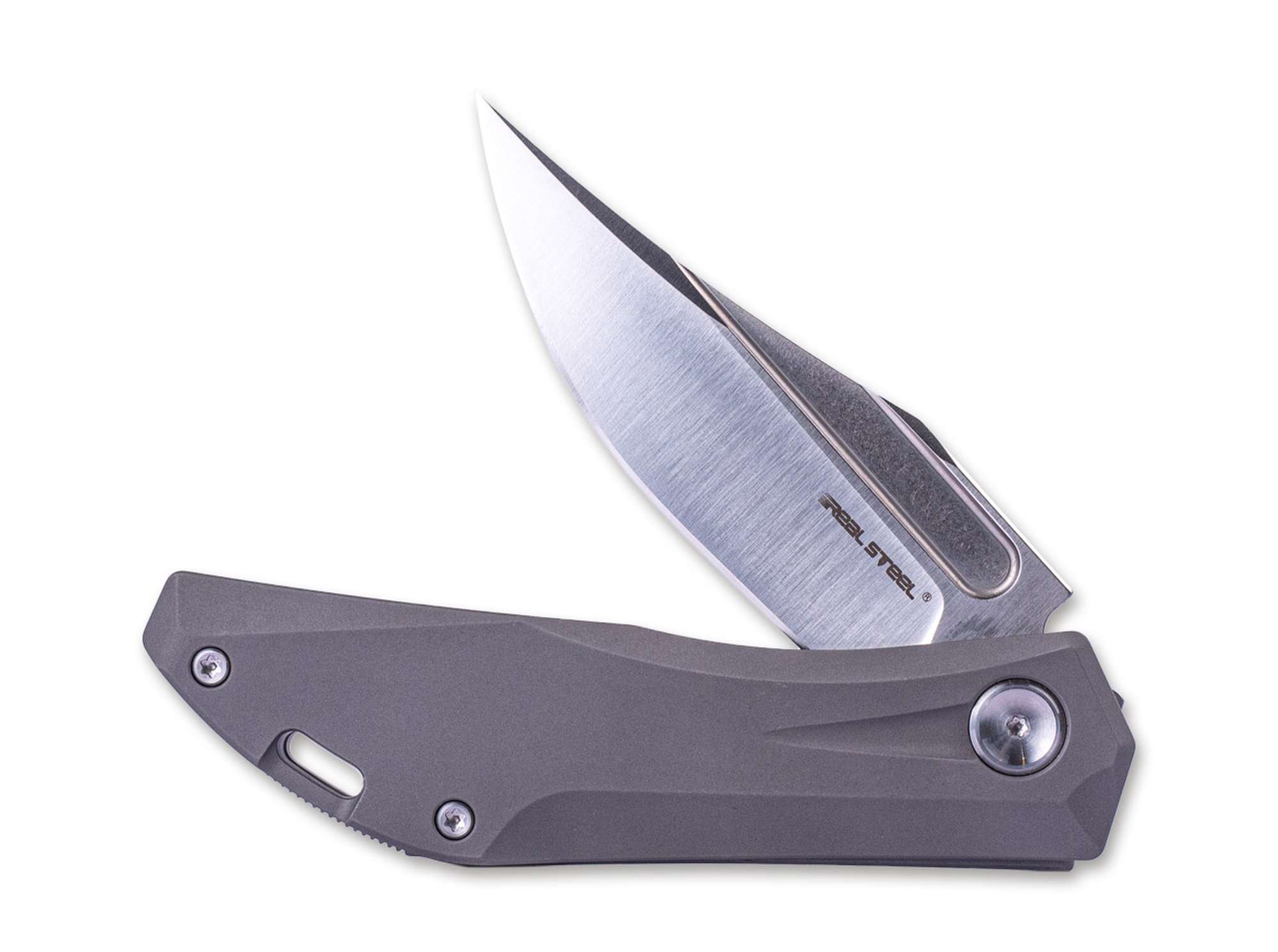 Briceag Ventus Titanium Grey Real Steel- Lama N690 Clip Point, Maner Titan Gri