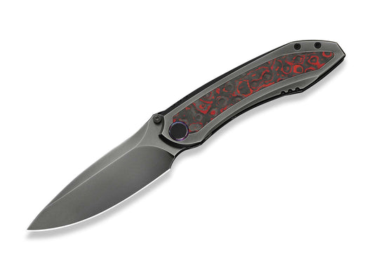 Briceag Winsome M390 Gray Ti Lava Flow Red CF WE Knife- Lama M390, Maner Titan