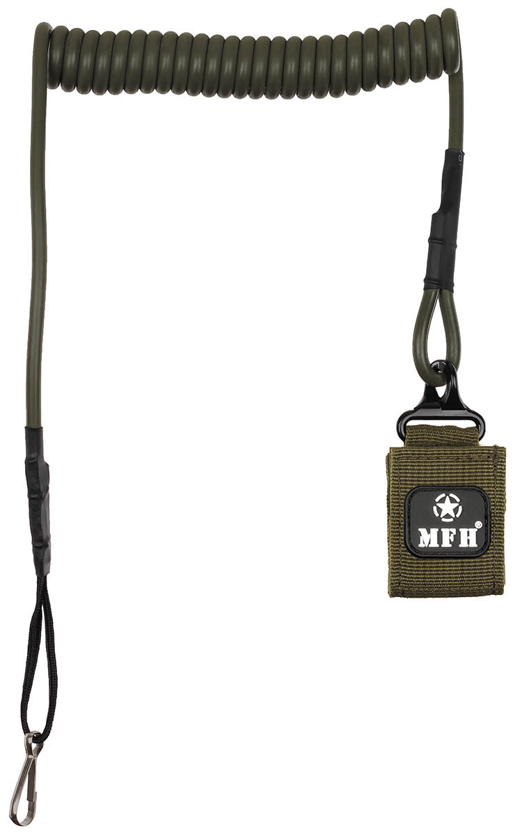 Cablu de Siguranță Cablu Spiralat Pistol Oliv MFH - 60-130cm, Prindere Curea