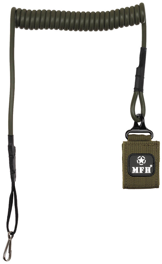 Cablu de Siguranță Cablu Spiralat Pistol Oliv MFH - 60-130cm, Prindere Curea