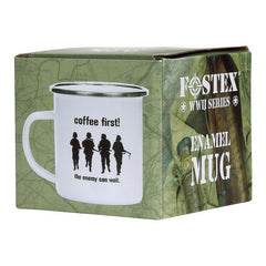 Cană Emaille Coffee First! Alb Fostex - Ritualul Tău Tactic de Dimineață