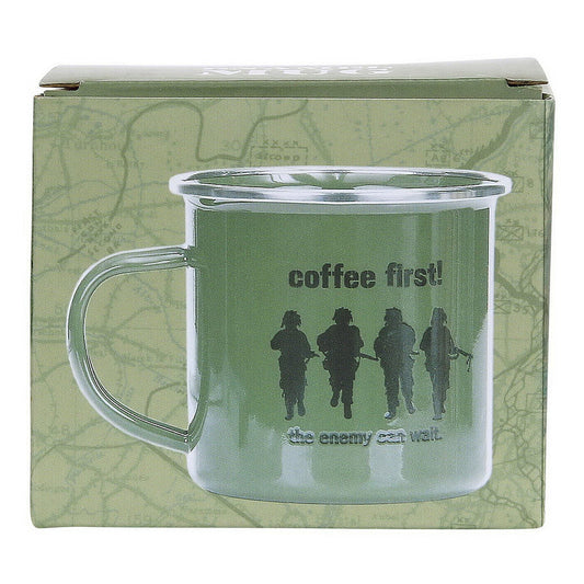 Cană Emaille Mok Coffee First! Verde Fostex - Rezistență și Ritual Matinal