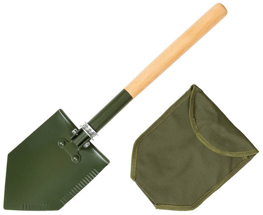 Cazma Pliabila cu Maner de Lemn Deluxe MFH - Lama Zimtata, Lungime Pliata 40cm